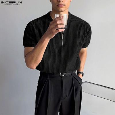 Men Zip-up Neck Short Sleeve Texture Rib Casual T-Shirts Tops