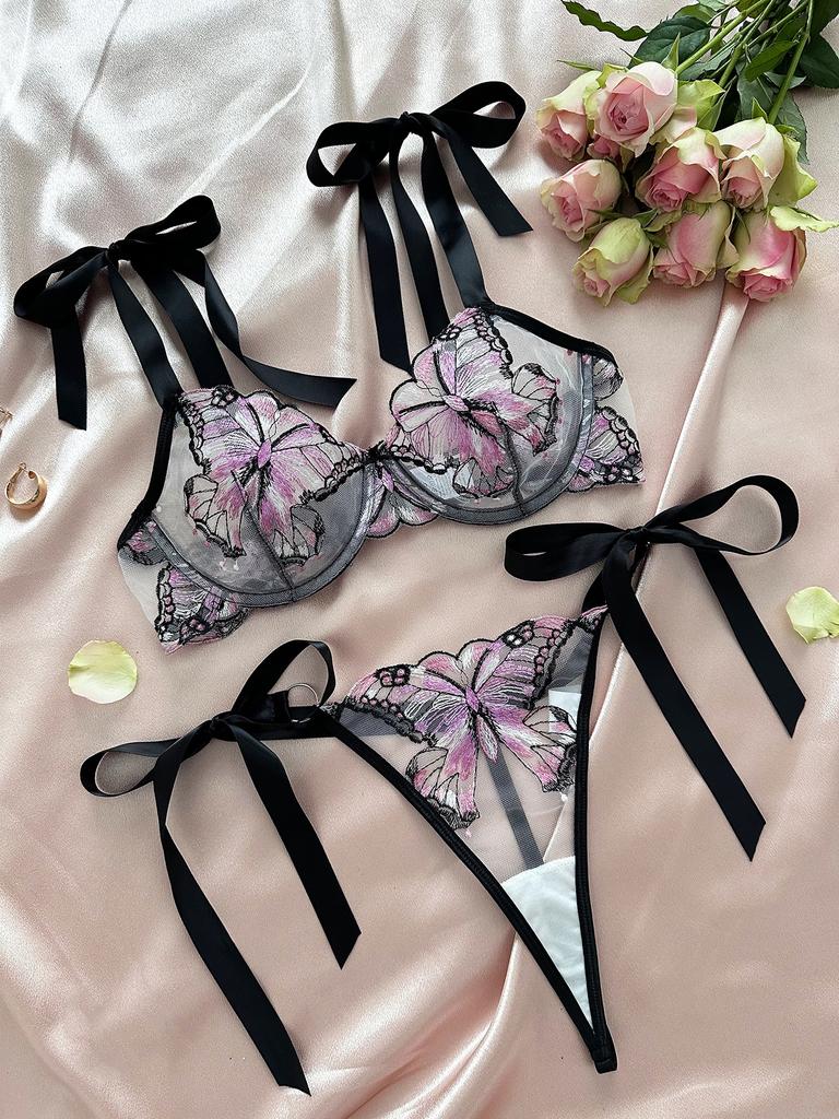 Women'S Sexy Butterfly Embroidery Sheer Mesh Lingerie Set See Through Temptation Bra Panty Outfit Shelf Bra