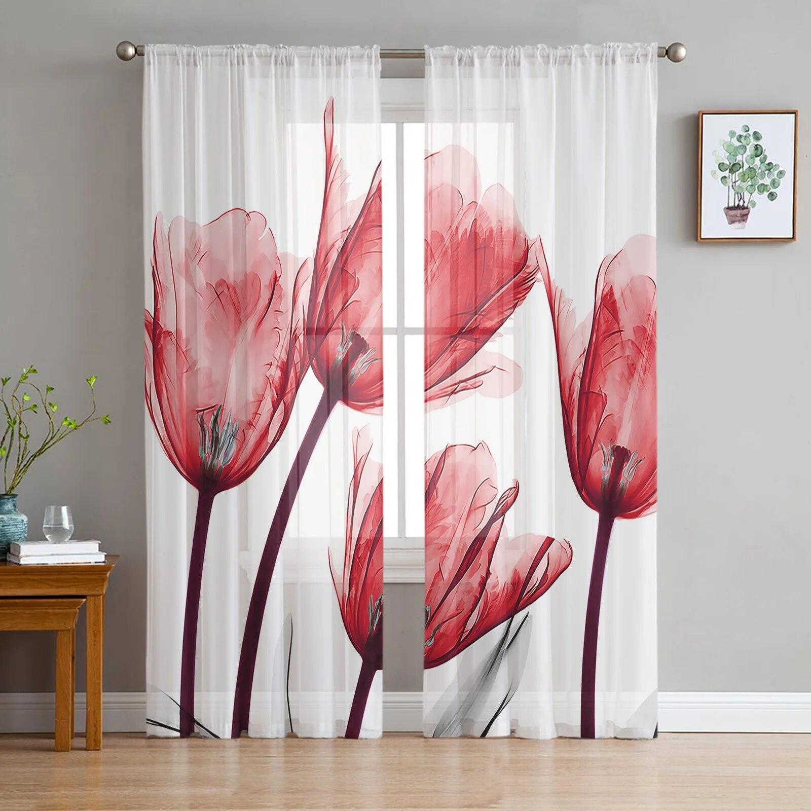 

Прозрачные оконные шторы с цветком тюльпана для гостиной, кухни, детской спальни, вуаль, подвесная занавеска 135W x 213H(cm)