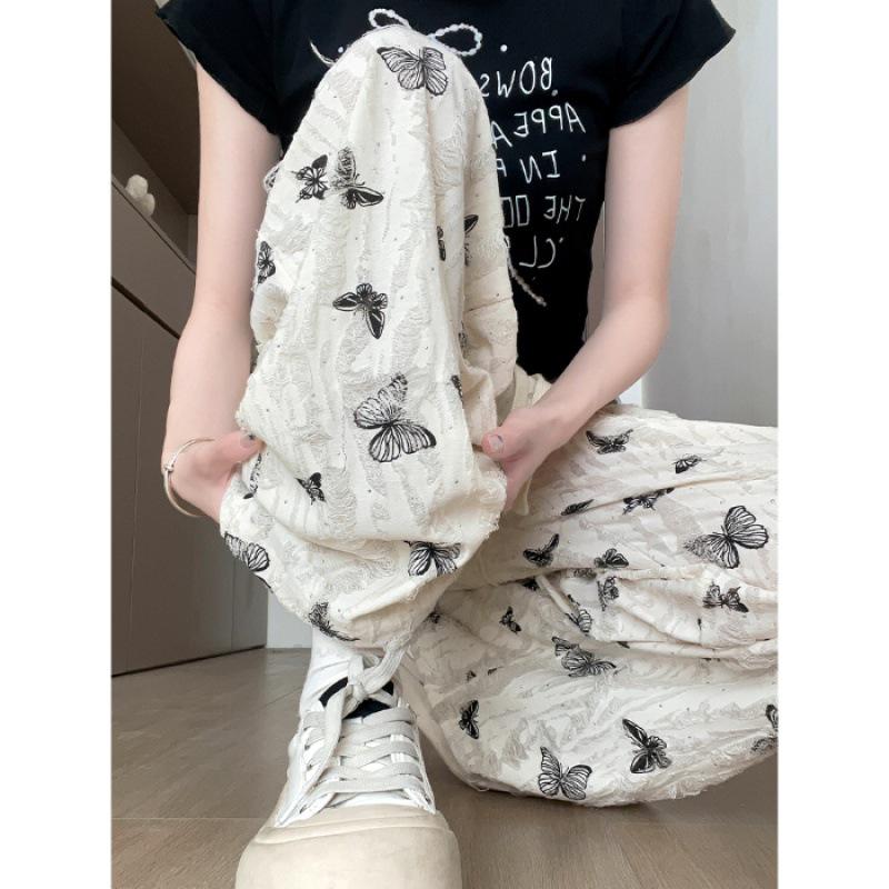 Sommerhose für kleine Frauen mit hohem Bund und weitem Bein, mit Innenfutter und Schmetterlingsrissen - Lässiger und bodenlanger Stil