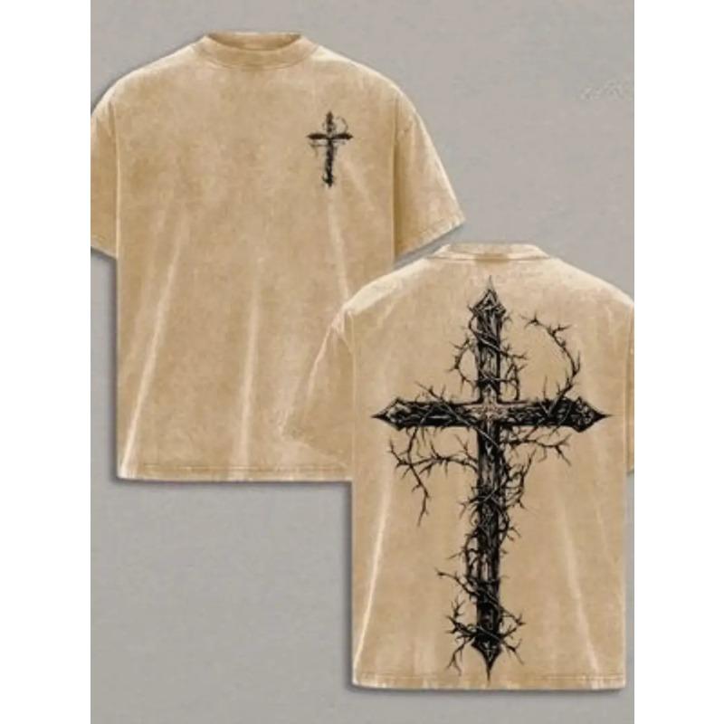 European Sizes Men'S Faded Tee with Short Sleeves, Featuring a Thorn Cross Design, Stylish Perfect for Everyday Use Vintage T-Shirt for Men
