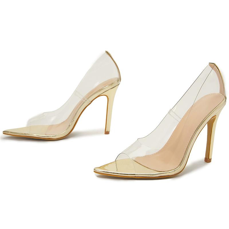 Léto Ženy Fetiš 11 cm Lodičky Sandály Móda Sexy Transparentní Peep Toe Sandles Lady Gold Párty boty na jehlách