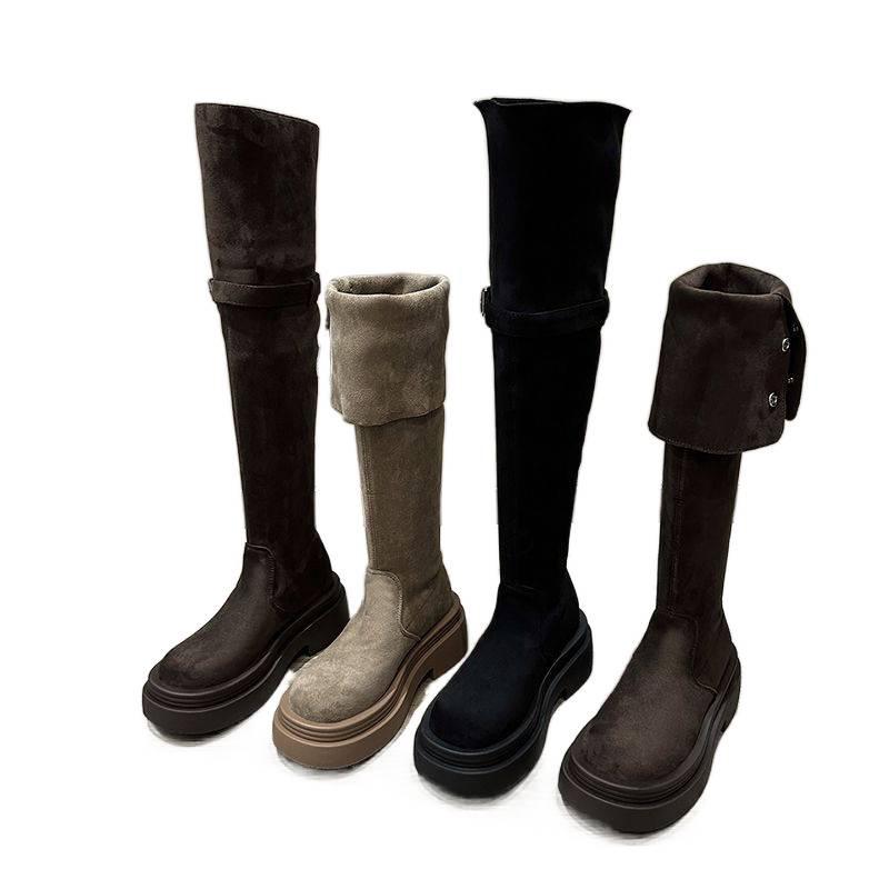 2025 Fall/Winter Women's Fold-Over Chunky-Heeled Knee-High Riding Boots