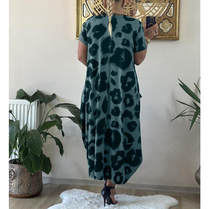 DAFIFY Women's Fashion Summer Spring Leopard Print Short Sleeve O-Neck Loose Waistline Casual Dresses