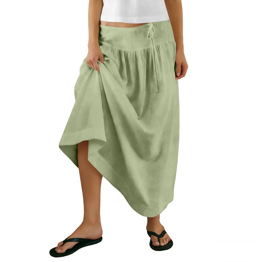 Women's Ruffled Spring Casual Long Skirt Plain Color Skirt Retro Pleated Skirt