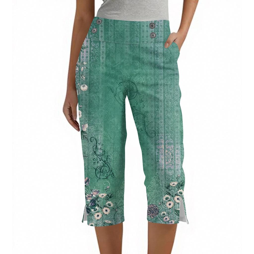 Damen Vintage Blumenmuster Knopf Tasche Hose Schlitz Hohe Taille Sport Yoga Freizeit Hose