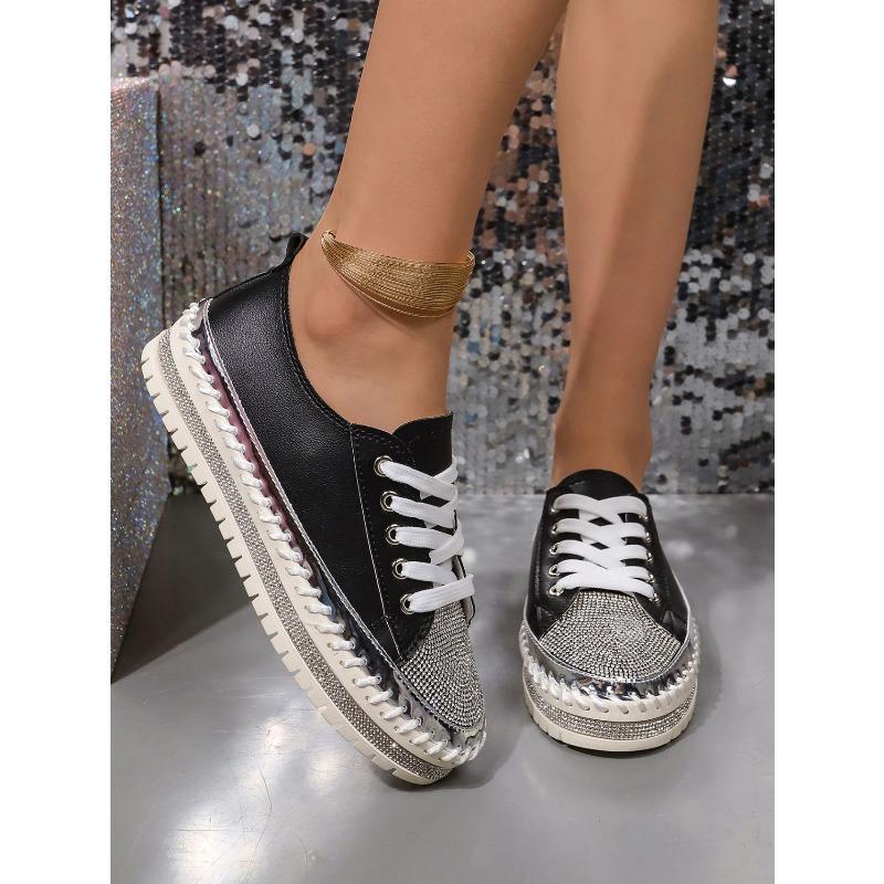 Women's Casual Shoes, Sizes 35-43 Flat-Soled, Diamond-Studded Lace-Up Sneakers Thick-Soled White Sneakers Women's Athletic Slip-Ons