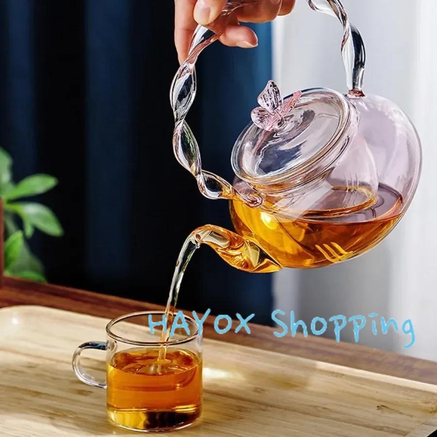 700ml Cam Demlik Çay Su Ayırma Saplı Demlik Yaratıcı Pembe Kelebek Düğmeli Çiçek Çay Takımı Yüksek Sıcaklığa Dayanıklı Fincan