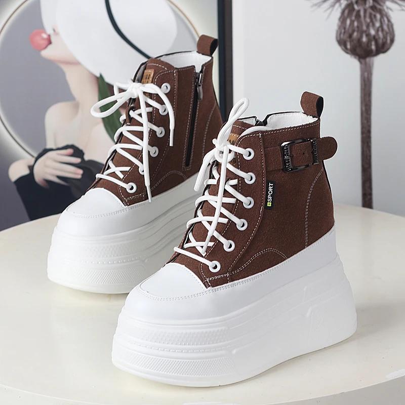 Fashion Small Super High Heel 13cm Frosted Leather High-top Shoes Women's Autumn and Winter New Velvet Muffin Platform Casual Sneakers