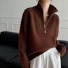 Stylish Lapel Zipper Knit Sweater: Loose Fit, Thick, Solid Color Pullover for Women