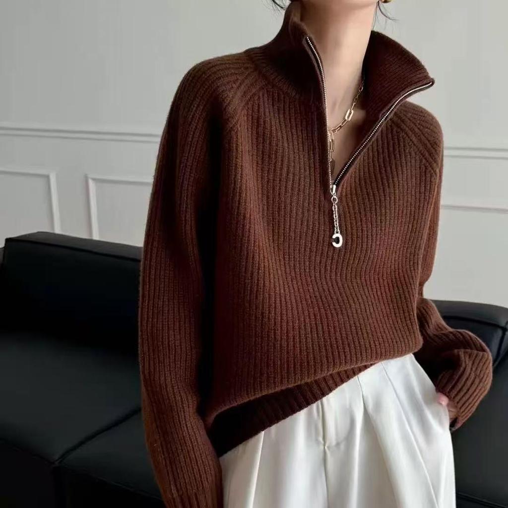 Stylish Lapel Zipper Knit Sweater: Loose Fit, Thick, Solid Color Pullover for Women