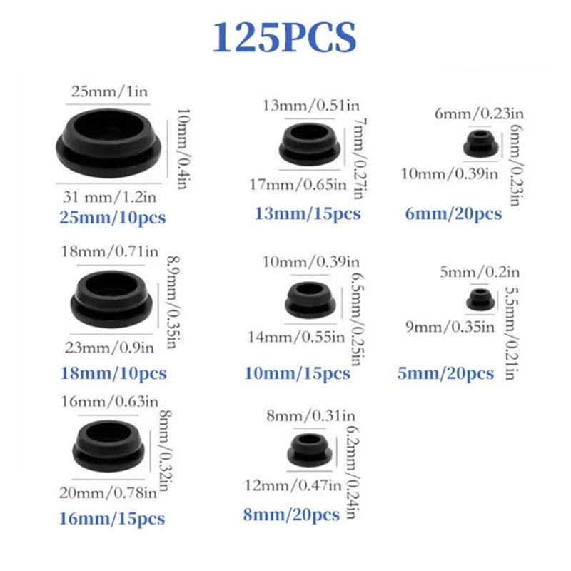 125Pieces Rubber Plugs for 1/5" 1/4" 3/8" 1/2" 5/8" 3/4" 1" Holes Silicone Durability Smooth Surfaces Easy to Install