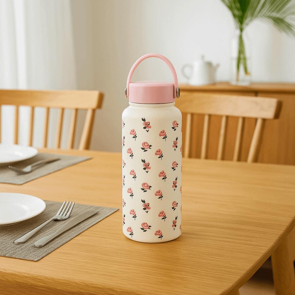 Portable Insulated Water Bottle 1L Floral Thermal Cup Outdoor Insulated Mug  Kitchen Supplies