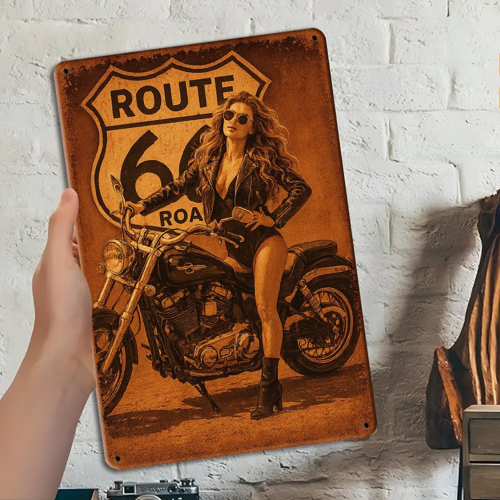 Vintage Route 66 Motorcycle Sign - Retro Aluminum Wall Art for Cafe & Bar Decor