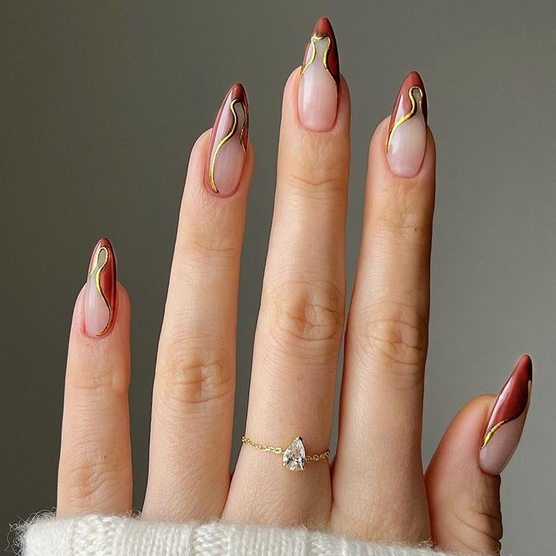

European & American Wearable Nail Art: Brown French Gold Edge Removable Patches