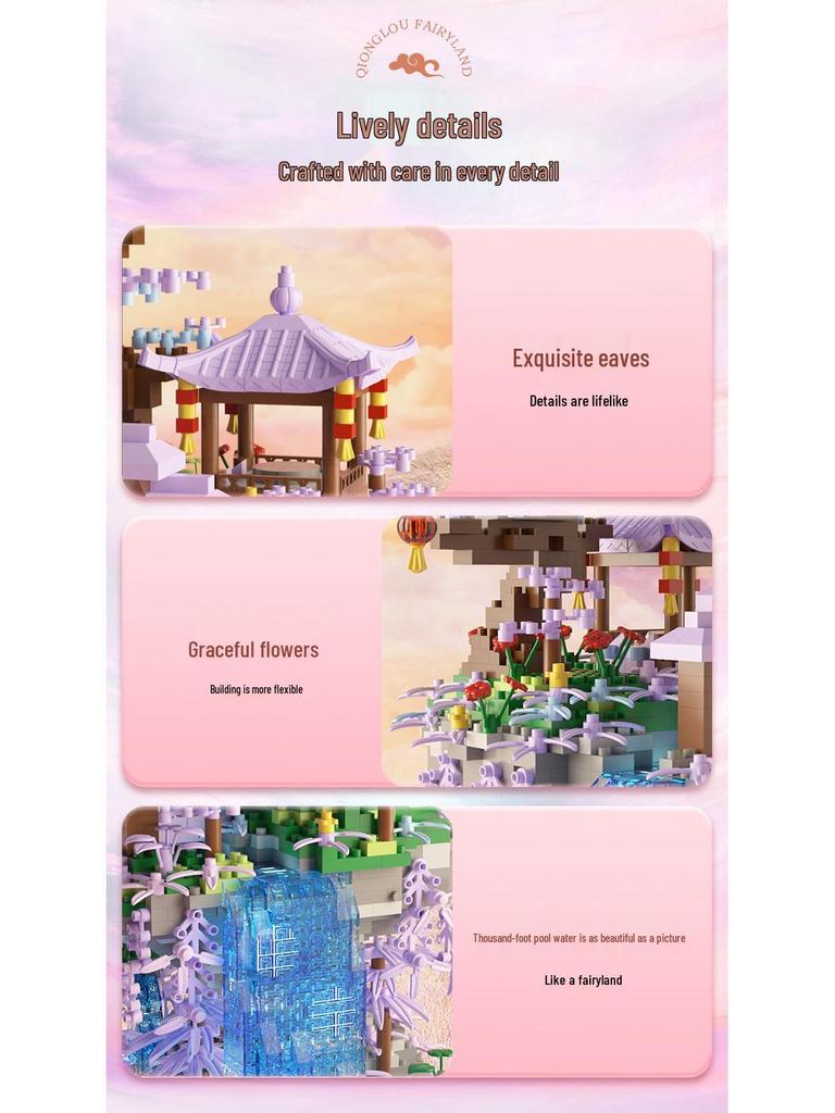 Fairy Pavilion Cherry Blossom Treehouse with Peach Blossom Pond - Creative Ancient Style Building Block Ornament, Handmade Assembly Scene.
