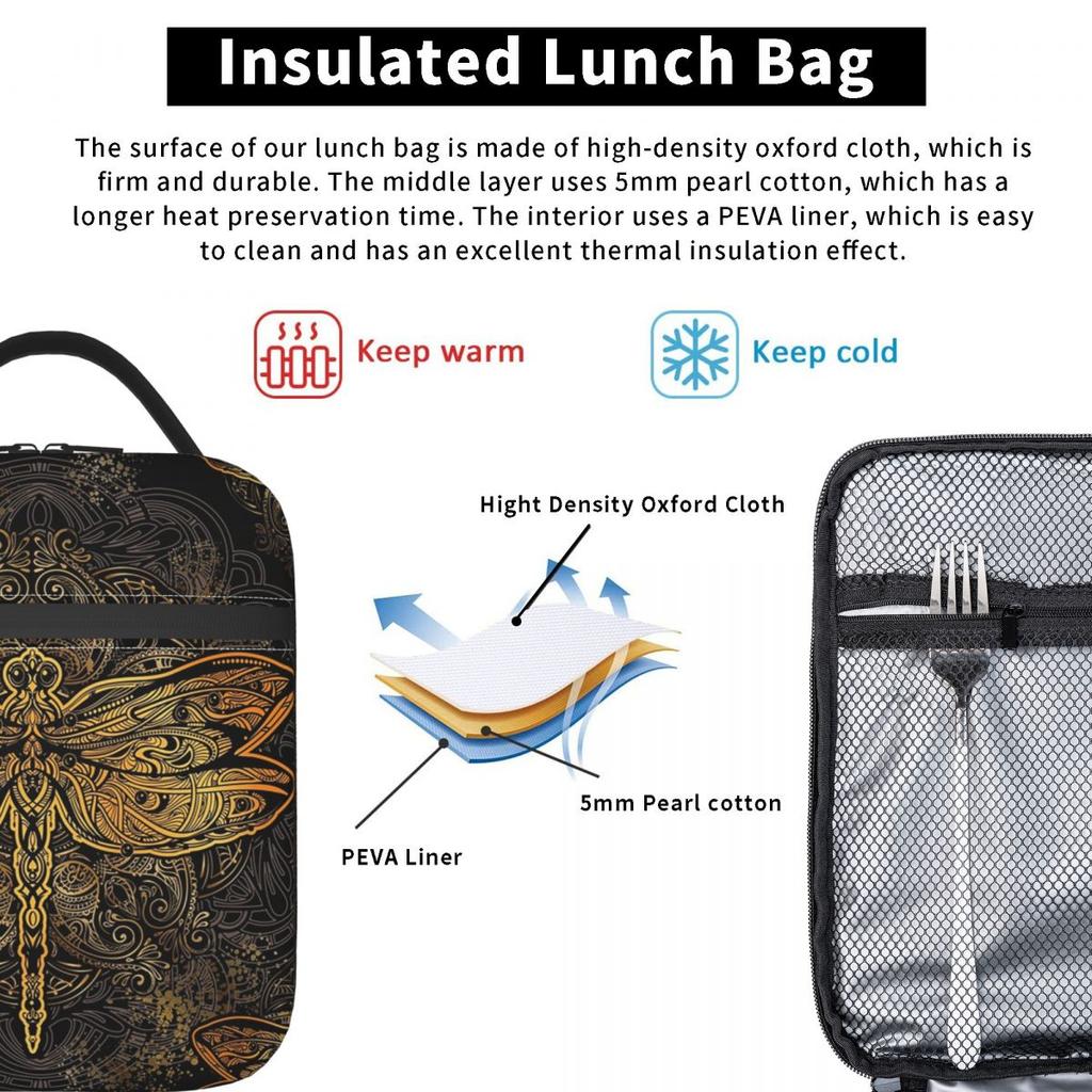 Bunte Mandala Libelle Isolierte Lunchtasche für Damen Kinder Tragbare Lebensmittelboxen Thermische Lunchbox Tragetasche