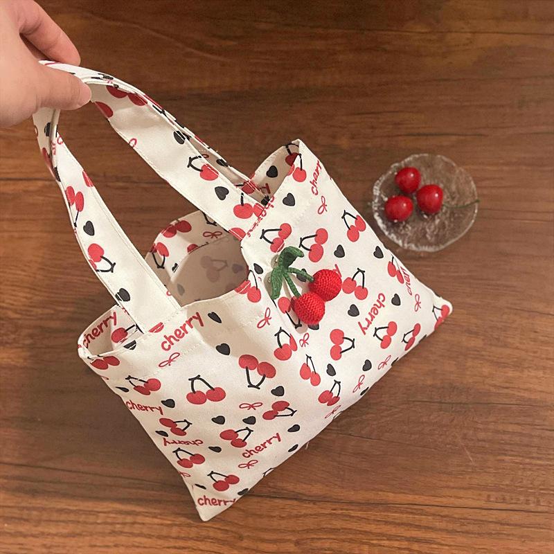 Cute Red Cherry Print Tote Canvas Bag Large Capacity Travel Portable Sundries Storage Bag Girl Sweet Commuter Shoulder Bag Gifts
