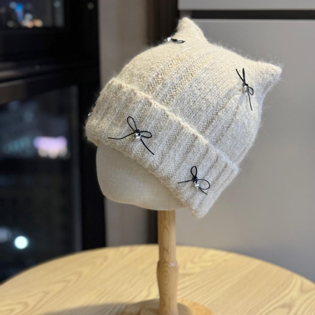 New Cat Ear Woolen Hat for Women In Autumn and Winter with Bow Korean Version Thickened Warm Knitted Hat Showing Face Small Baotou Hat