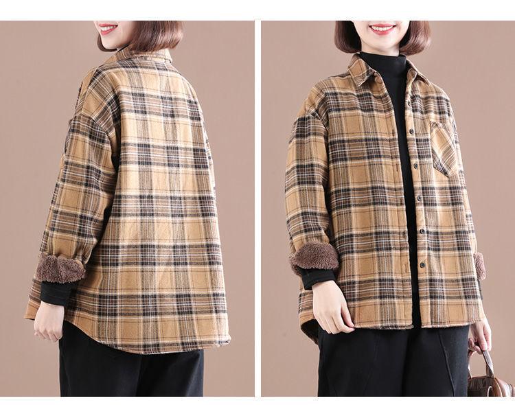 Women's Winter Brushed Plaid Long Sleeve Mid-Length Coat