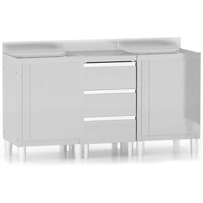 Commercial Kitchen Cabinet - vidaXL - Stainless Steel - 3 Drawers - Adjustable Feet - 10 Cm Backsplash