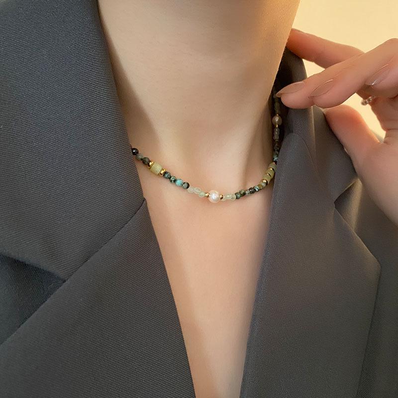 Colorful Natural Stone & Baroque Pearl Crystal Choker Necklace In Titanium Steel