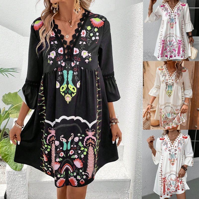 

2025 Lace Patchwork Casual Versatile Printed Dress Dress Black S