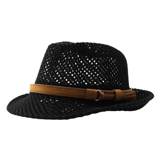 Summer Sun Protection Jazz Hat, Hand-Knitted Breathable Mesh Hat, Hand-made Hollow Braided Hat with Belt Decor