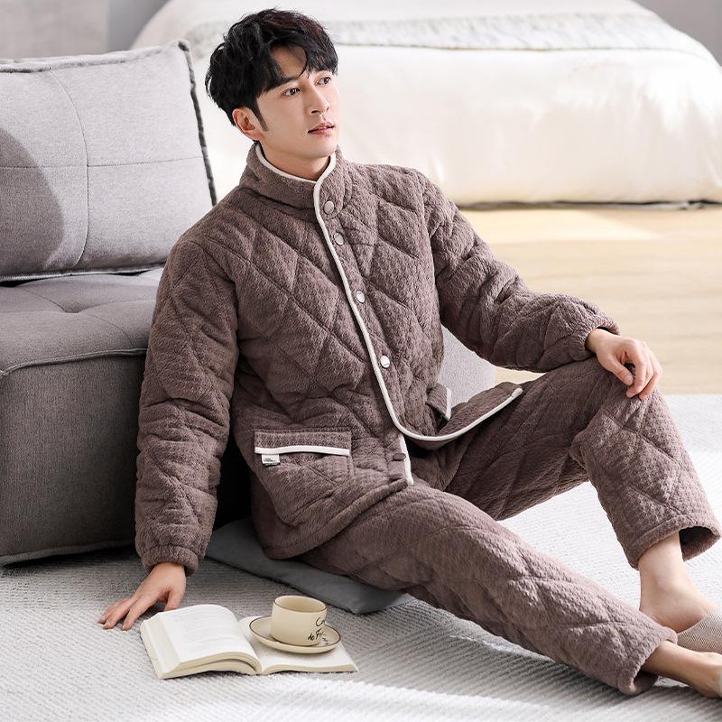 Coral Fleece Pajamas Men'S Autumn And Winter Thickened Fleece Three-Layer Padded Suit Winter Flannel Thermal Loungewear