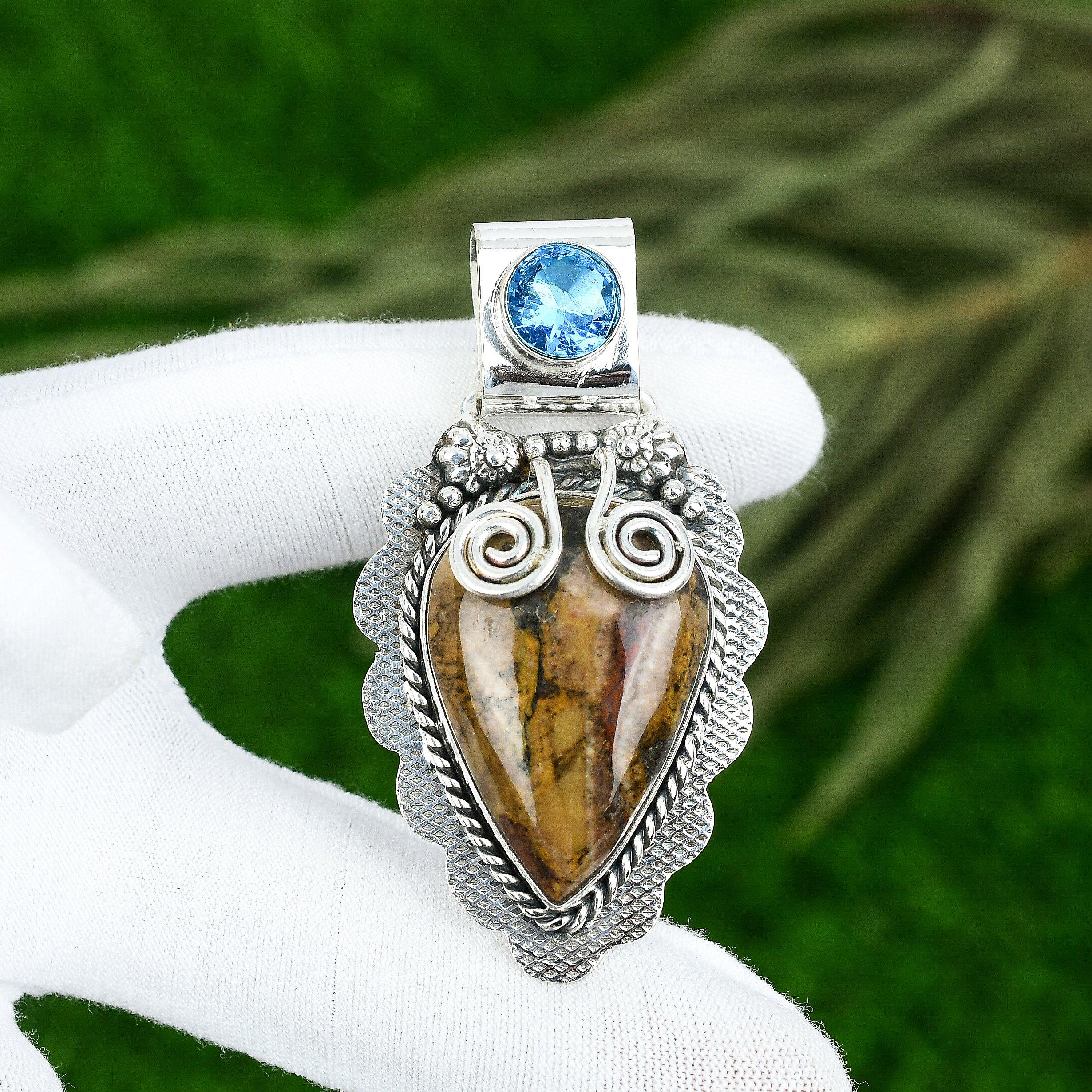 Natural Picture Jasper Gemstone Jewelry 925 Sterling Silver Pendant For Girls