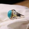 Creative Exquisite Glossy Retro Vintage Ethnic Style Mongolian Turquoise Mens Rings Elliptic Blue Ring Banquet Fine Jewelry