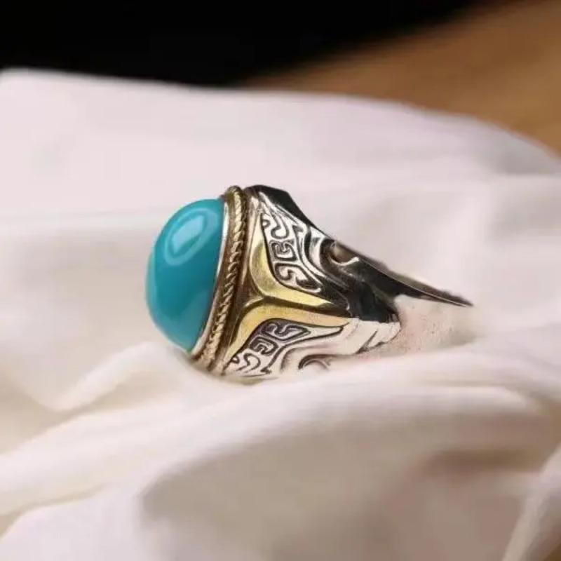 Creative Exquisite Glossy Retro Vintage Ethnic Style Mongolian Turquoise Mens Rings Elliptic Blue Ring Banquet Fine Jewelry