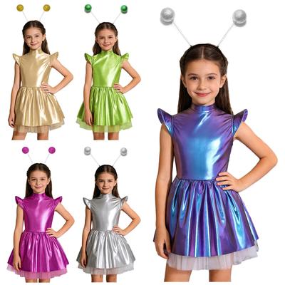 Kinder Mädchen 2-teiliges Alien Halloween Kostüm Set: Schillerndes Tutu-Kleid mit fließenden Ärmeln, Haarreif für Motto-Party inklusive