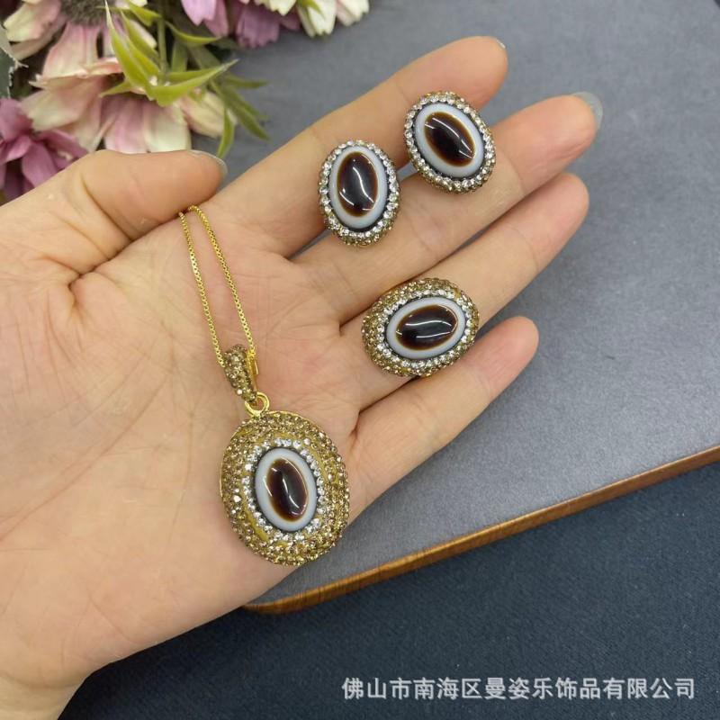Ethnic Tibetan Style Agate Bead Jewelry Set Women Earrings Necklace Bracelet With Snake Chain