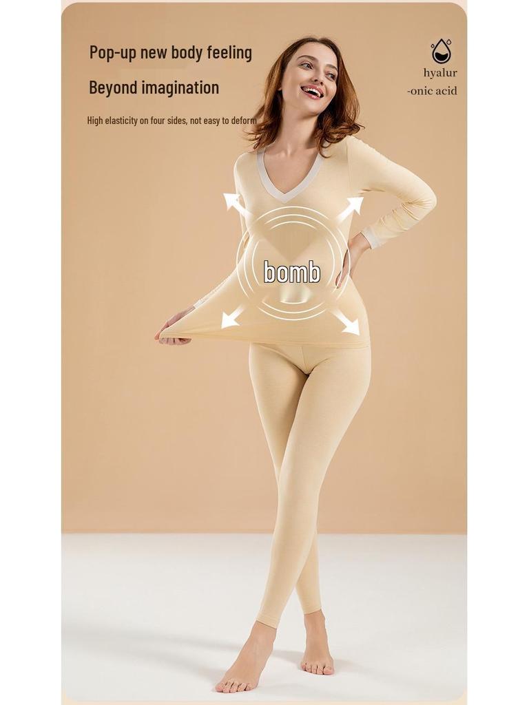 Women's V-Neck Pure Cotton Warm Base Layer Set - Autumn/Winter