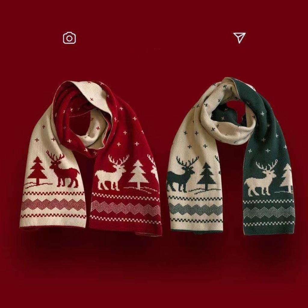 Christmas scarf women's winter gift knitted scarf red Internet celebrity cute deer warm thickened wool scarf