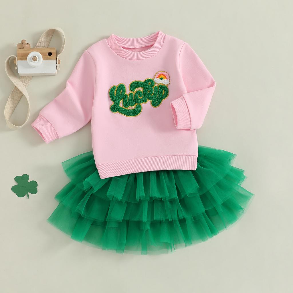 Toddler Girls Spring Outfits Long Sleeve Letter Embroidery Sweatshirt + Tiered Skirt Set Baby Irish Clothes