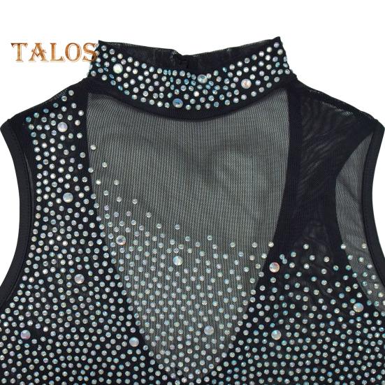 Lady Evening Dress Rhinestone Decor Mesh Patchwork Sleeveless Skinny Round Neck Wedding Party Maxi Dress for Prom Club Formal Banquet