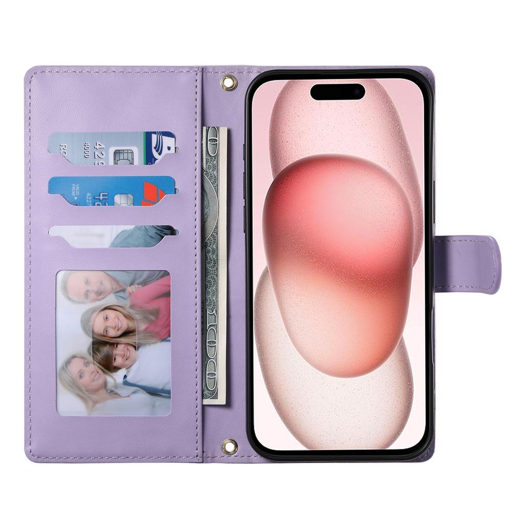 For iPhone 15 Case Rhombus Stitching Wallet Stand Leather Phone Cover with Long/Short Strap