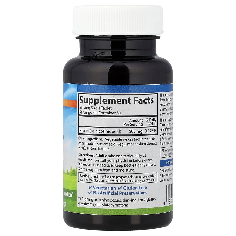 Carlson Labs Niacin-Time 500mg Vegetarian Tablets, 50 Count
