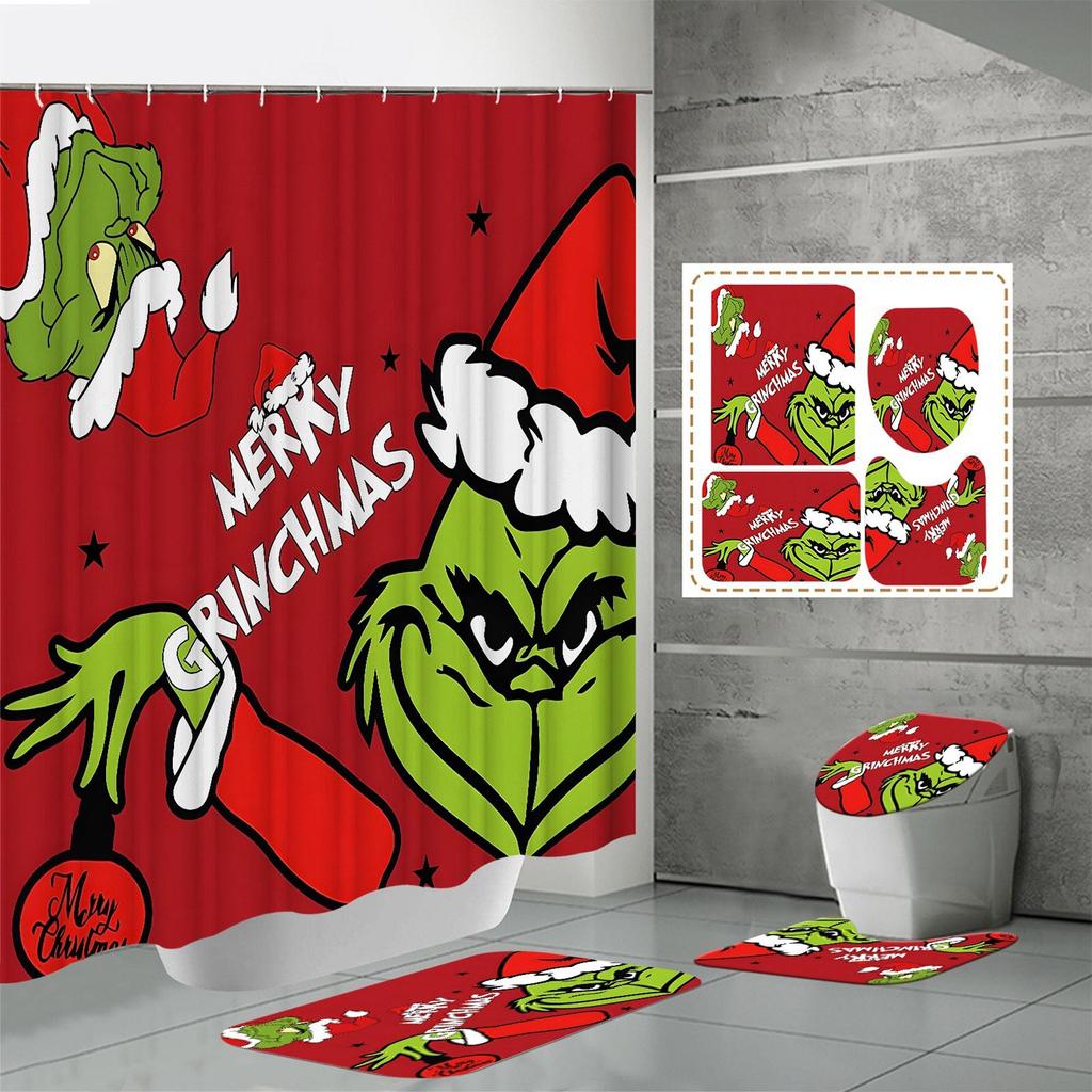 Christmas Waterproof Polyester Shower Curtain Mat Set Of Four