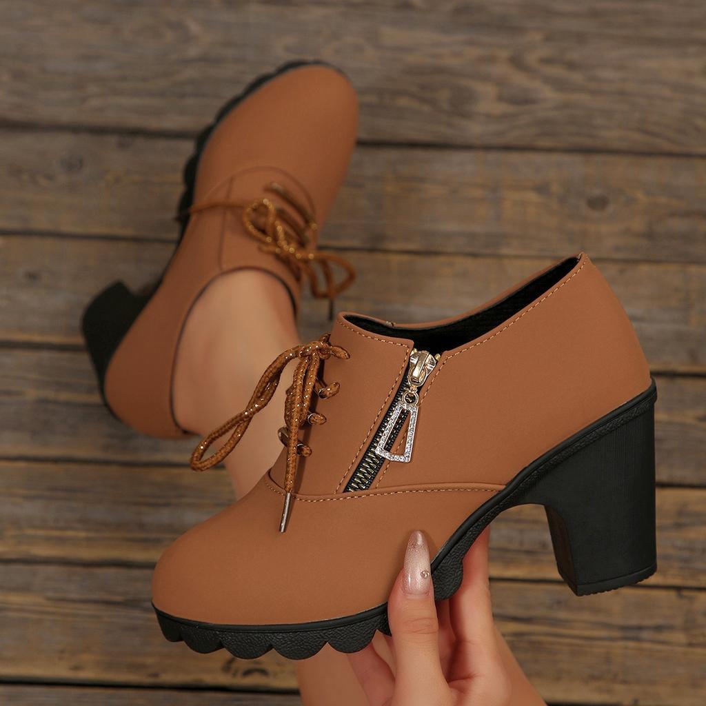 Large size new thick heel high heel solid color side zipper single shoes comfortable casual round head Martin boots