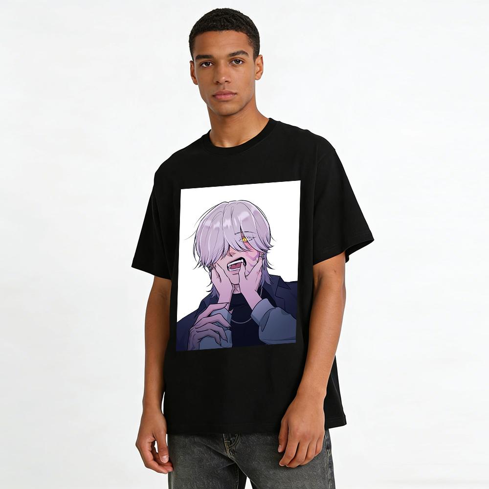 Dark Sick Style Pinch-faced Silver-haired Boy Print Top Niche Anime Style Casual T-shirt Pure cotton T-shirt