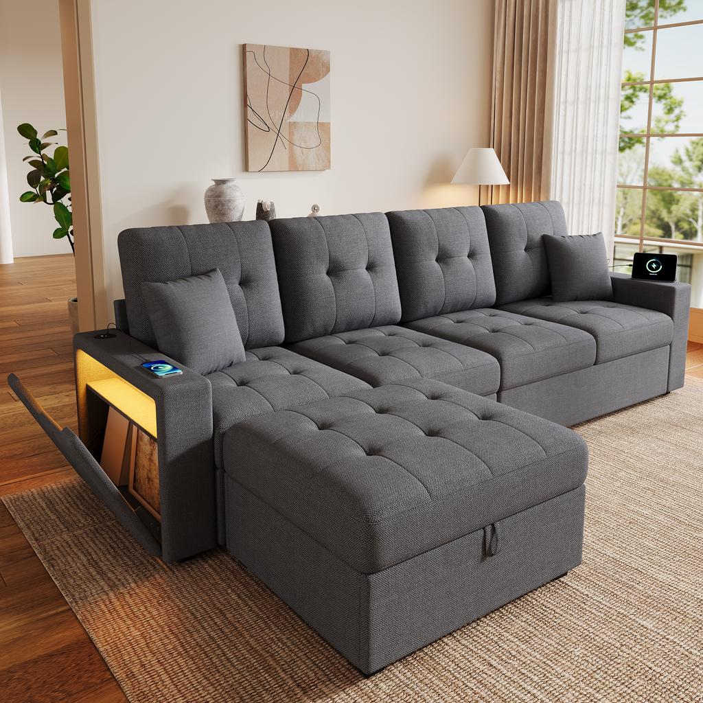 Modular L-Shaped Sofa with Freely Positionable Storage Ottoman, Double Armrest Storage, Charging Ports On Both Armrests and LED Mood Light