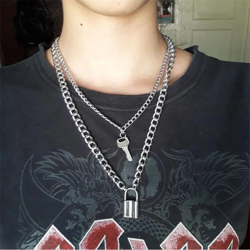 Multi Layered Minimalist Personalized Retro Key Lock Pendant Necklace Punk Metal Jewelry Accessories for Women