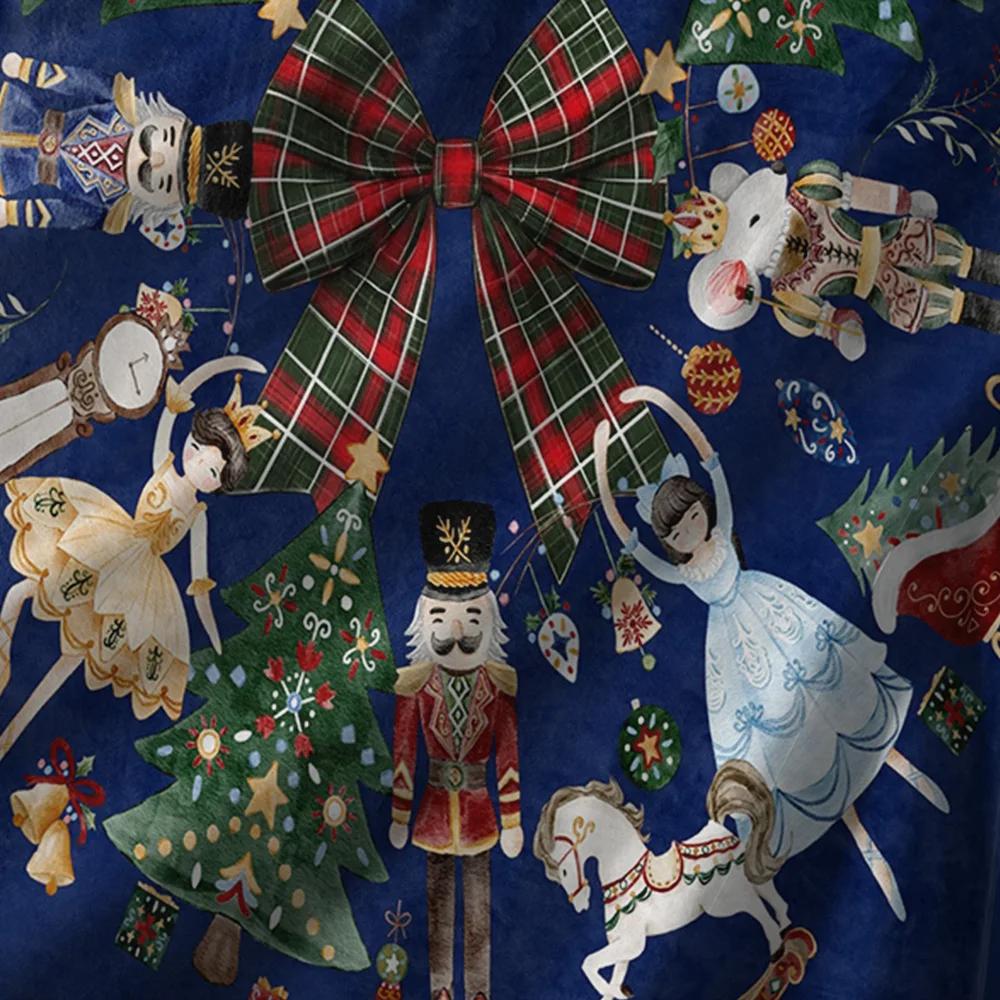 Navy Blue Christmas Fleece Blanket with Giant Plaid Bow, Nutcracker Ballet Dancer Pattern, Festive Throw for Holiday Decor