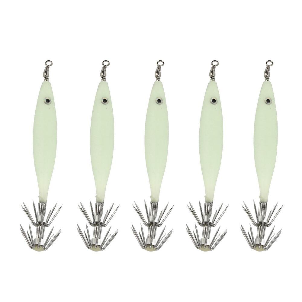 5PCS Luminous Squid Jigs High Carbon Steel Hook 8cm Squid Jig Saltwater Lure with 360° Swivel Artificial Bait Freshwater Fishing