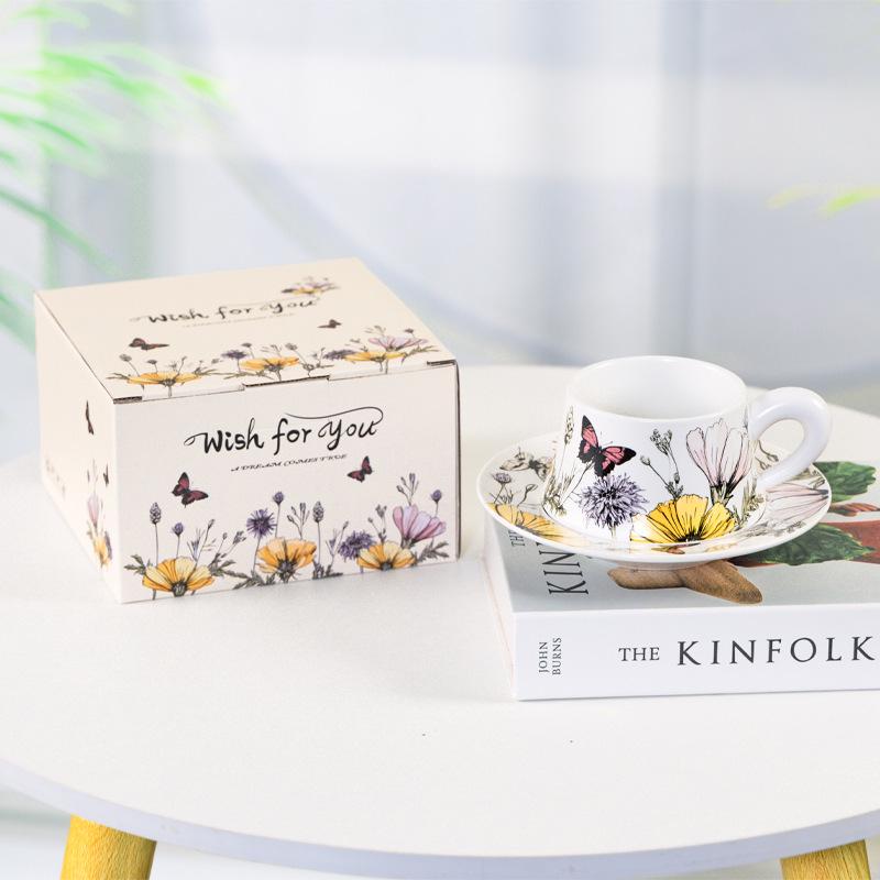 Prosperous Flowers Ceramic Tea & Coffee Cup Set - Luxurious Cup and Saucer Gift Box Souvenir