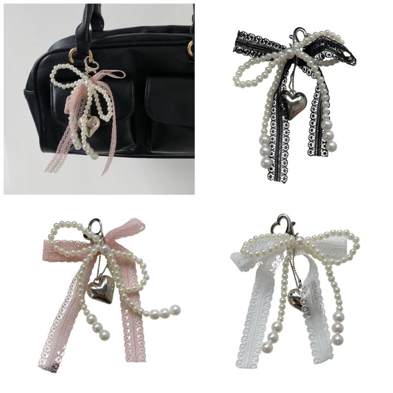 Elegant Lace Bows Keychain With Faux Pearls Detail For Women Girls Fashionable Bag Accessory Gift Alloy Keyring