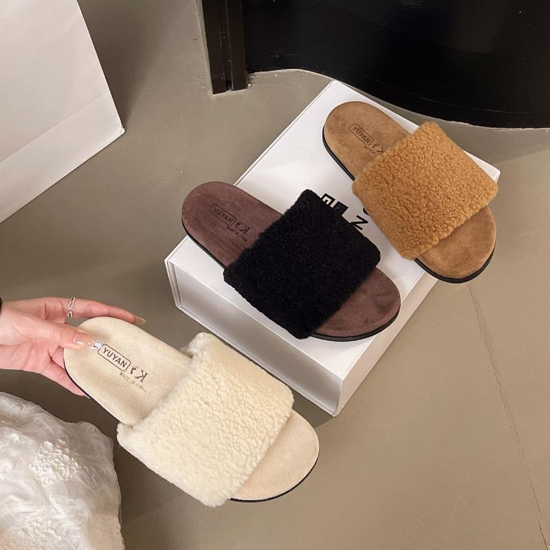 Mao Mao Slippers Women's Autumn and Winter New Indoor Lazy One-word Plush Slippers Home Flat Cotton Slippers